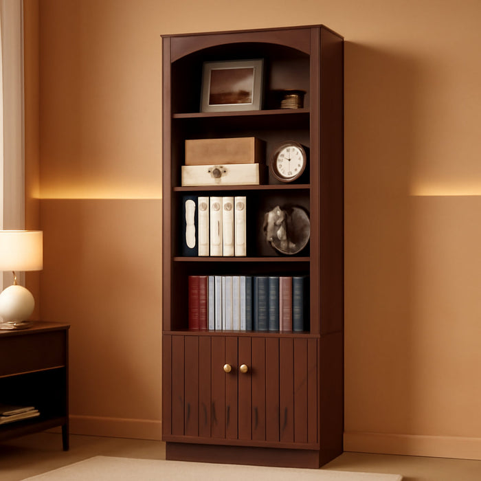 Book Shelf and Bookcases with Doors Floor Standing 6 Shelf Display Storage Shelves, 70.8" Tall Bookcase for Home Office, Living Room, Mid-Century Modern, Walnut Brown