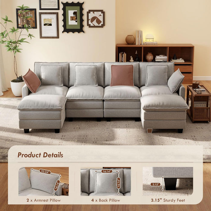 106-Inch U-Shaped Modular Sectional Sofa with Ottoman, Grey Chenille