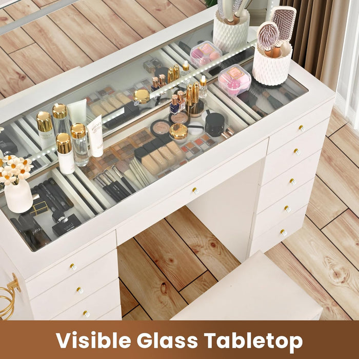 Glass Top Vanity Desk with Crystal Handles, 11 Drawers Makeup Vanity with Mirror and Stool, 3 Lighting Modes Dressing Table, Power Outlet, Silent Slides, White