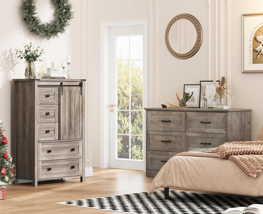 Farmhouse 5 Drawer Dresser for Bedroom, 48 in Tall Wood Dresser Chest of Drawer with Sliding Barn Door, Adjustable Shelf, Storage Organizer for Bedroom, Hallway, Living Room, Kitchen, Grey