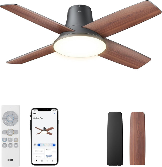 Ceiling Fans with Lights, 12 Speeds & 3 Fan Modes, Quiet DC Motor, Low Profile Easy to Install, Flush Mount Smart Ceiling Fan with Dimmable LED, 12H Timer for Bedroom, Remote, Black, 44''