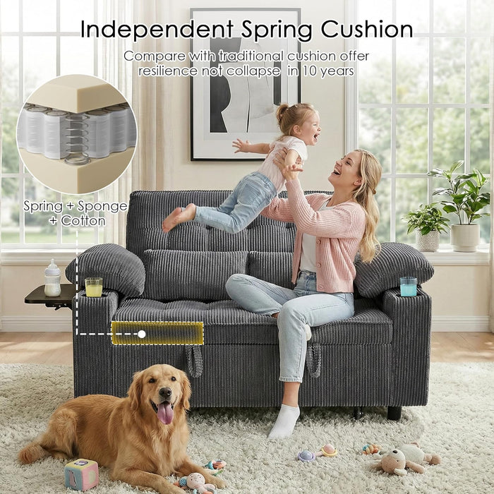58In Sleeper Sofa Bed DarkGrey FoldableSideTable SpaceSaving