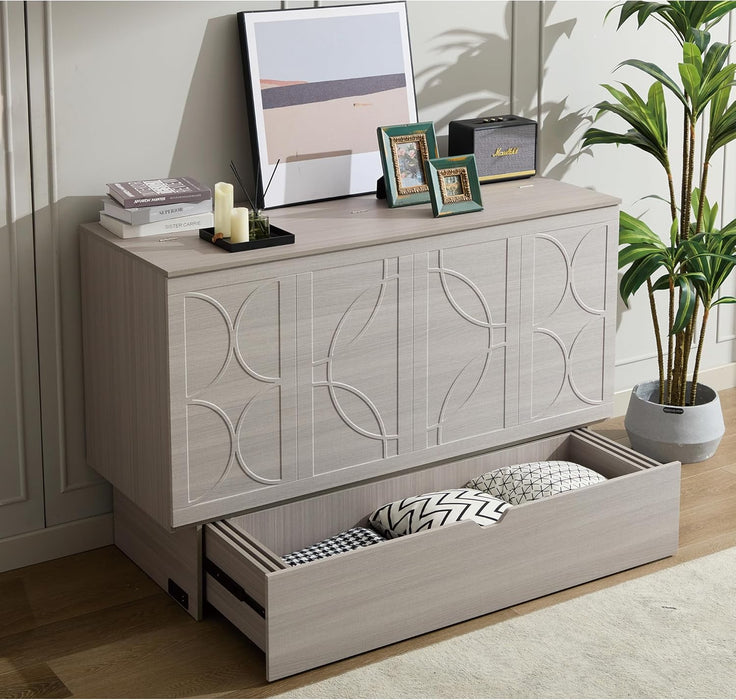 Queen Size Murphy Bed Wall Chest with Oversized Drawers and Folding Foam Mattress,Wood Hideaway Cabinet Platform Bedframe W/Set of Sockets & USB Ports,Space-Saving,For Small Room,Gray