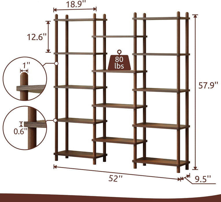 Wooden Triple Wide Bookshelf, 5-Tier Large Open Bookcase, Walnut