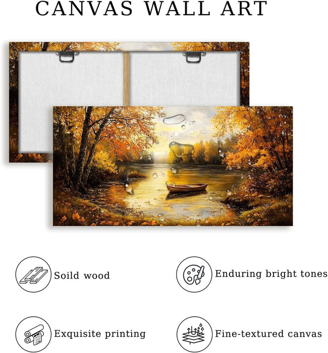 Fall Wall Art, Landscape Wall Art, Large Wall Decor, Lake Boat Forest Canvas Art Prints, Gold Autumn Nature Pictures, Rustic Paintings for Living Room Bedroom Dining Room Office Farmhouse 29"X57"