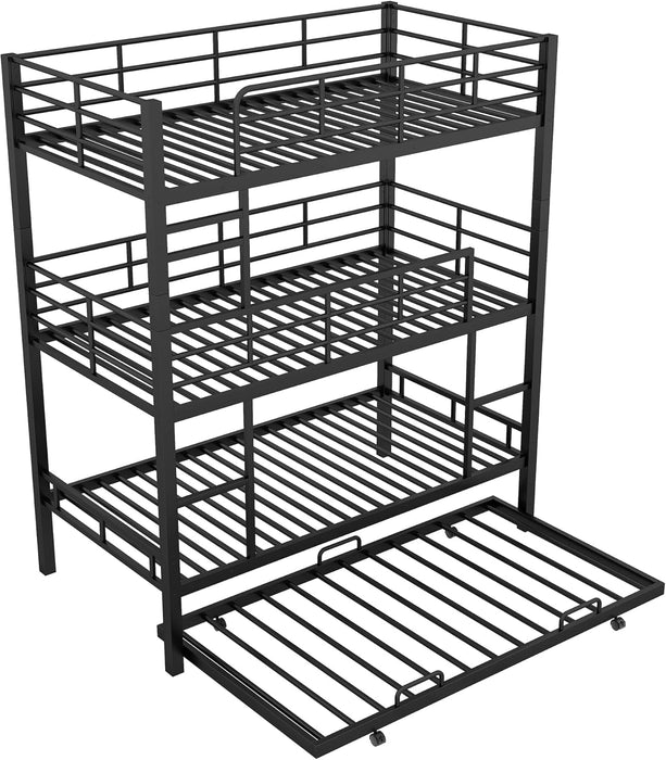 Metal Twin Size Triple Bunk Bed with Trundle for 4, Bunk Beds with 2 Ladders & Guardrails, Convertible to 3 Separate Beds for Kids Teens, Space-Saving, Black
