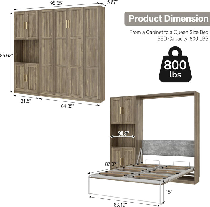 Modern Queen Size Murphy Bed, Hidden Foldable Wall Cabinet Bed Frame with Wood Slat, Space-Saving, No Spring Box Required, 95.85W'', Brown