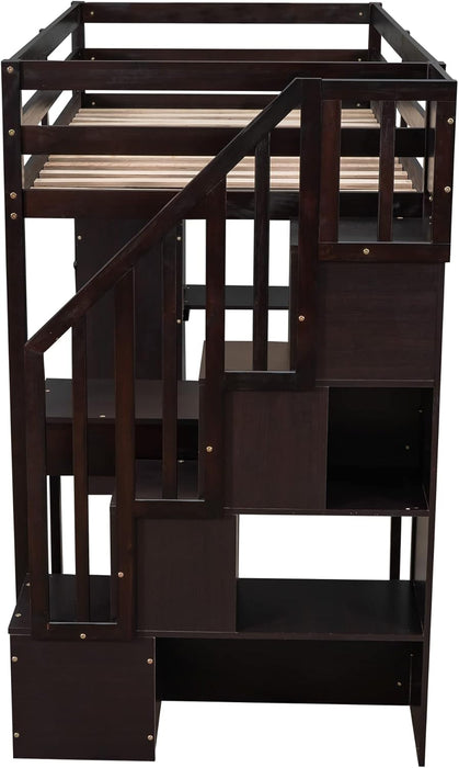 Loft Bed Twin with Desk and Storage Stairs, Space-Saving Wood Bed Frame with Drawers and Shelves, for Teens Adults (Espresso)