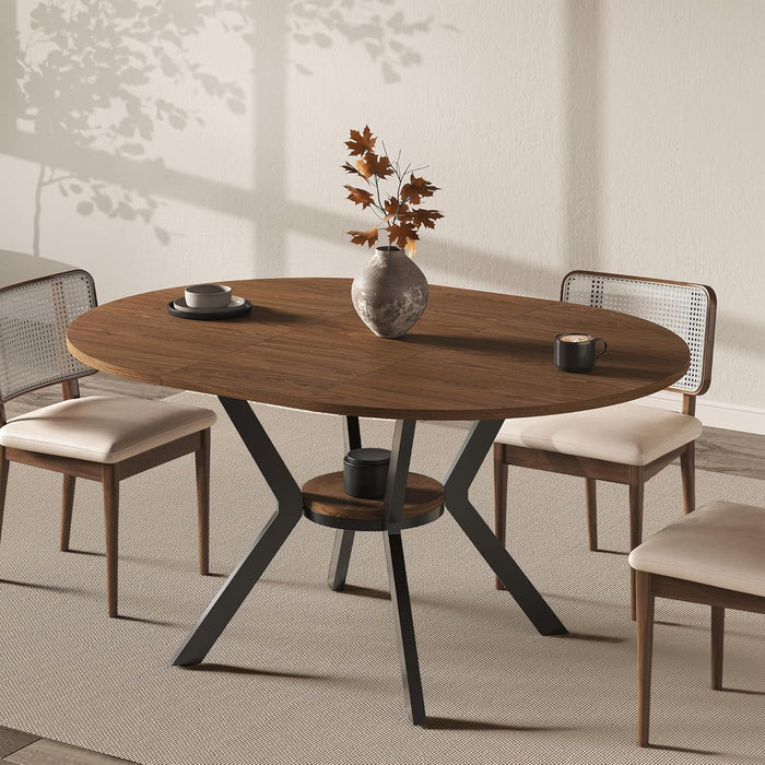 42"-58" Extendable round Dining Table for 4-6, Kitchen Oval Table with Hidden Leaves & Storage Shelf, Space Saving Modern Design with Sturdy Metal Legs for Kitchen, Dining Room & Small Apartments