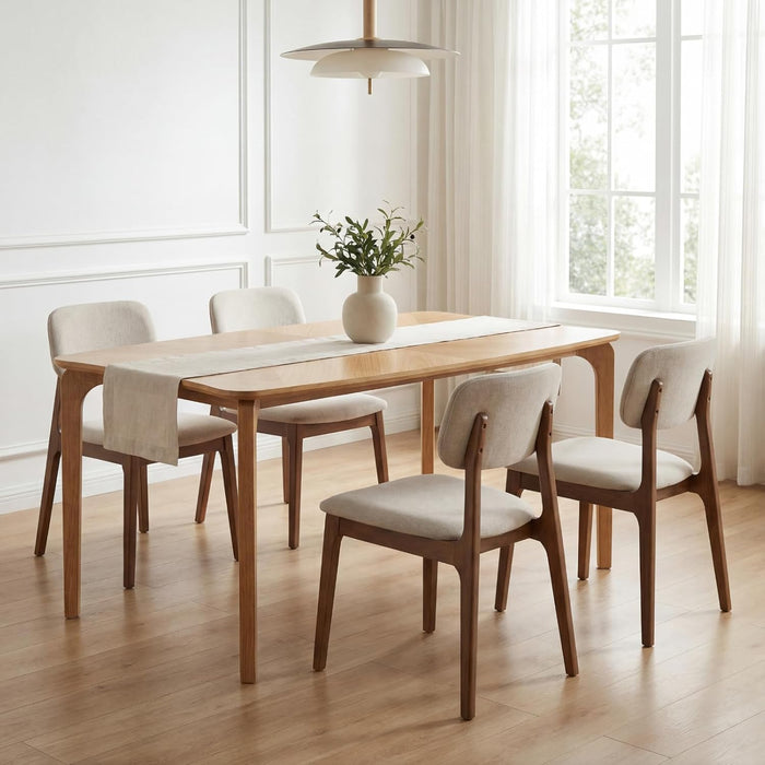 Mid-Century 63" Oak Color Dining Table with Curved Edges | Modern Solid Wood Legs Rectangular 6-Person Kitchen Table for Dining Room Living Room