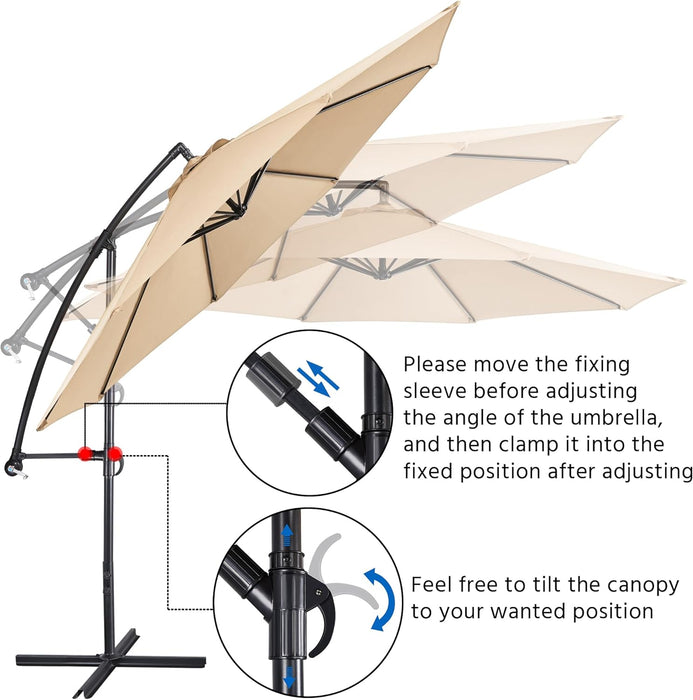 10FT Patio Offset Umbrella - Cantilever Hanging Outdoor Umbrellas W/Uv Protection & 8 Ribs & Handy Crank & Cross Base for Market/Garden/Lawn/Deck/Backyard/Pool - Tan
