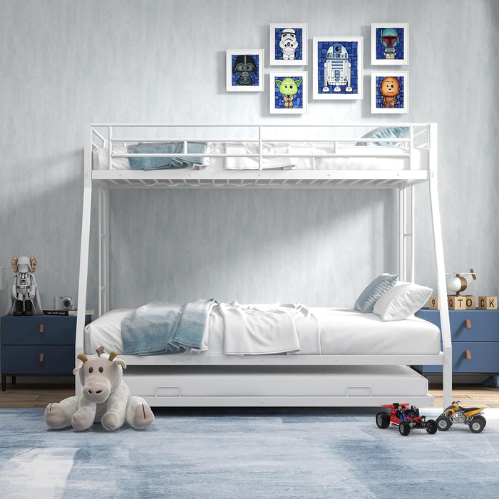 Twin over Full Bunk Bed with Trundle, Heavy-Duty Metal Bunk Bed Frame with Guardrail & 2 Ladders, Space-Saving Bunk Bed for Kids/Teens/Adults, No Box Spring Needed