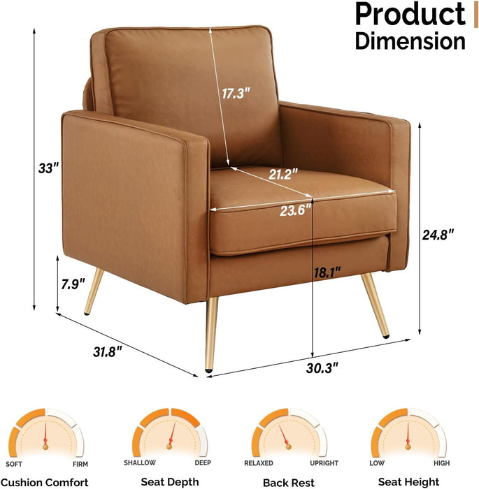 Living Room Chairs Set of 2, Brown PU Leather Accent Chair Mid Century Modern Upholstered Sofa Chairs with Arms, Gold Legs for Living Room, Bedroom, Apartment