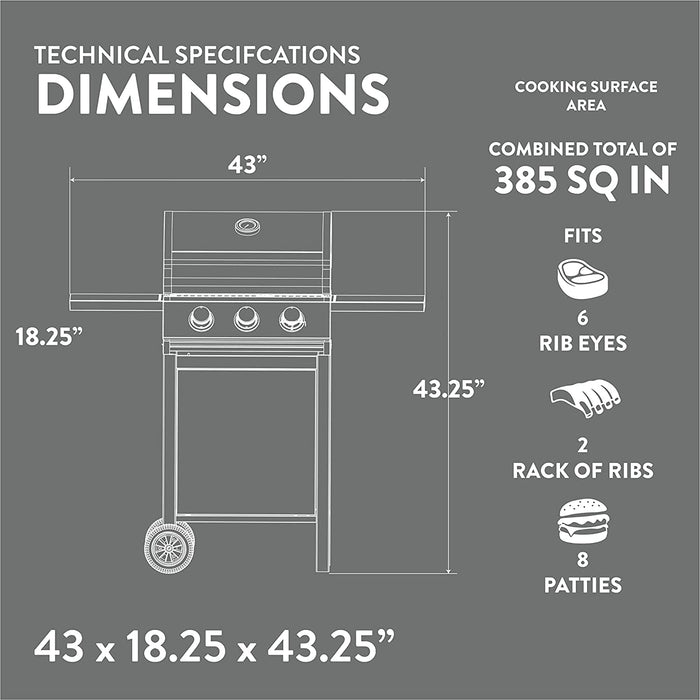 GP-1030S One 3 Burner Stainless Steel– Outdoor Cabinet Style with Wheels-High-Temperature Paint Coating Gas BBQ Grill – Elegant and Luxurious Design, Black