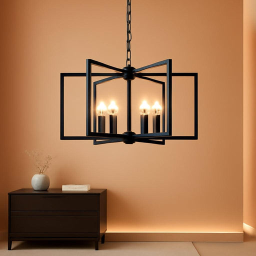 Black Farmhouse Chandelier, 6 Light Geometric Dining Room Light Fixture, Modern Industrial Metal Ceiling Light Rustic Hanging Pendant Lights with E12 Base for Kitchen Island Entryway Foyer, Indoor