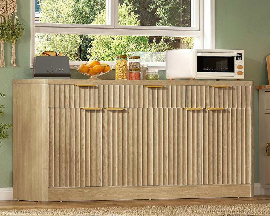 Large Buffet Cabinet with Storage & Drawers, Sideboard Cabinet with 2 Adjustable Shelves & 4 Doors, Coffee Bar Station, Kitchen Storage Cabinets, Natural