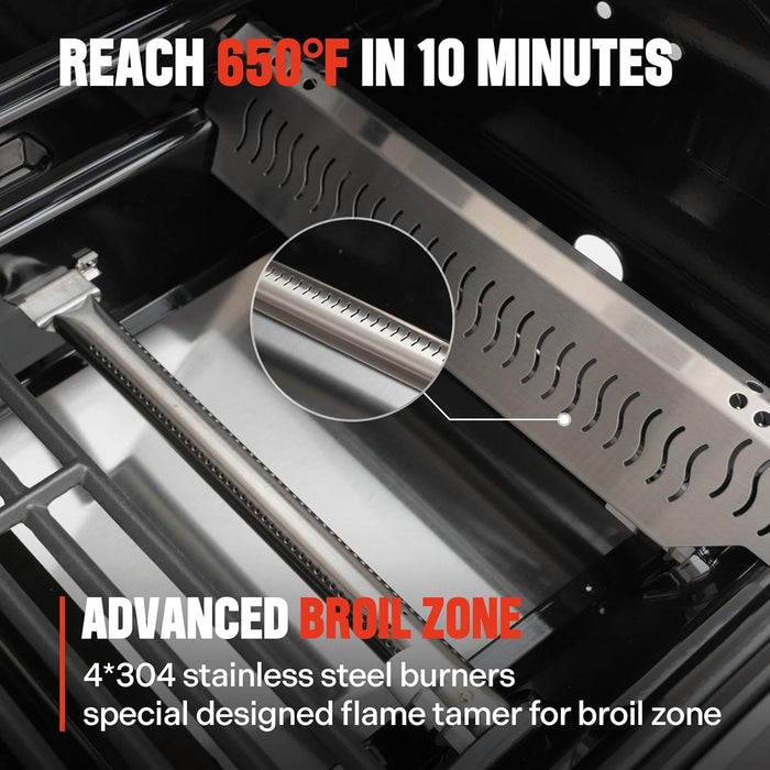 4 Burner Propane Gas Grill, Stainless Steel Outdoor Patio Barbecue Grill, with Broil Zone Fast Heating, Knob Control, and Easy Cleanup, M410MBZ