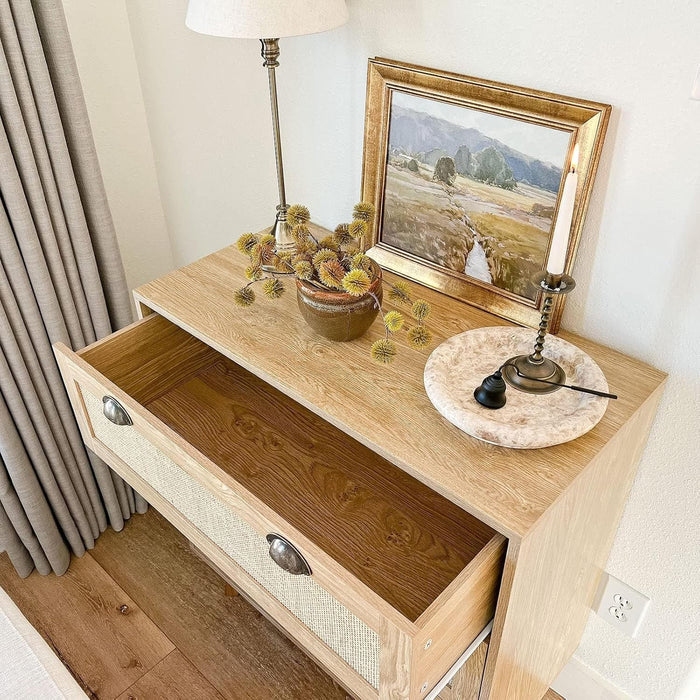 Natural Rattan Nightstand, 3 Drawer Dresser Bedside Table