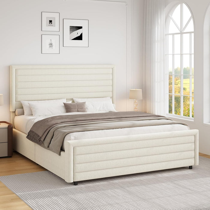 Full Size Bed Frame, Upholstered Platform Bed with Velvet Headboard and Footboard, Mattress Foundation with Wooden Slats, No Box Spring Required, Easy Assembly, Beige