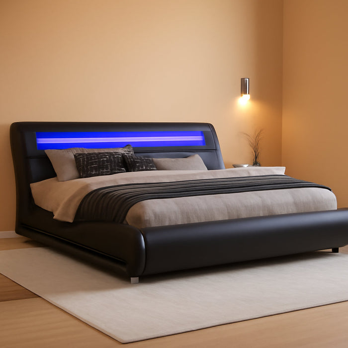 Full Size LED Platform Bed Frame with Adjustable Headboard/No Box Spring Need/Easy Assembly/Faux Leather in Black