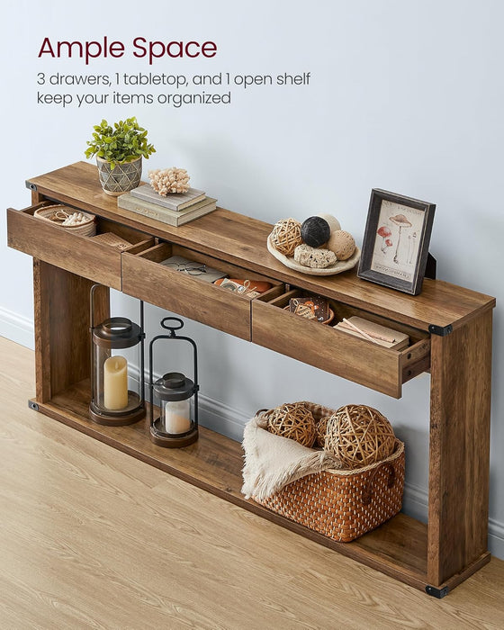 LIRY Collection - Sofa Console Table, 63 Inches Narrow Entryway Table with 3 Drawers, Bottom Shelf, Metal Corners, for Living Room, Bedroom, Farmhouse Style, Honey Brown ULNT146KB01S