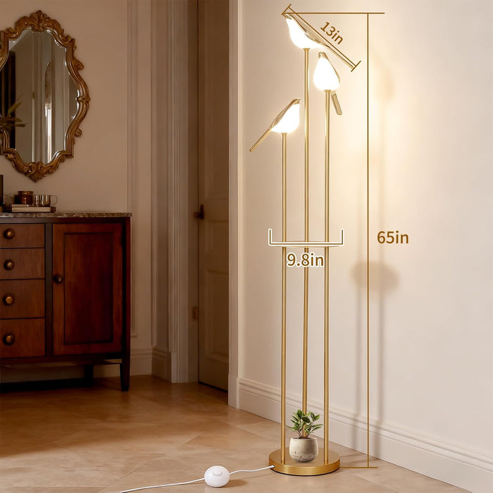 𝑼𝒑𝒈𝒓𝒂𝒅𝒆 Unique Gold Floor Lamps for Living Room, with 3 Adjustable LED Bird Lights and Storage Shelf, Brightness Adjustable, Stand up Lamp for Bedroom Kids Room Office