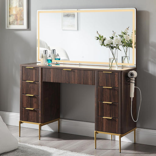 48" Fluted Makeup Vanity Desk with 48" Large Mirror and HD Lights, Modern Vanity Table with 9 Drawers & Charging Station, Glass Top and Golden Handles Dressing Table for Bedroom,Dark Walnut