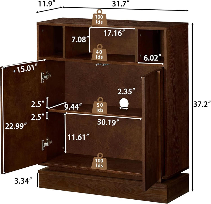 Wooden Sideboard Buffet Cabinet with Open Storage & Adjustable Shelves,Farmhouse Narrow Entryway Cabinet with Socket Hole & Anti‑Tip Kit,Slim Accent Cabinet for Small Spaces (Walnut 31.7")