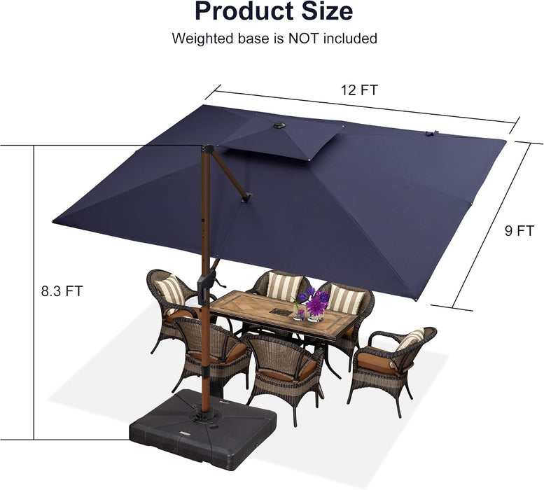 Cantilever Umbrella 9' X 12' Wood-Grain Finish, Navy Blue