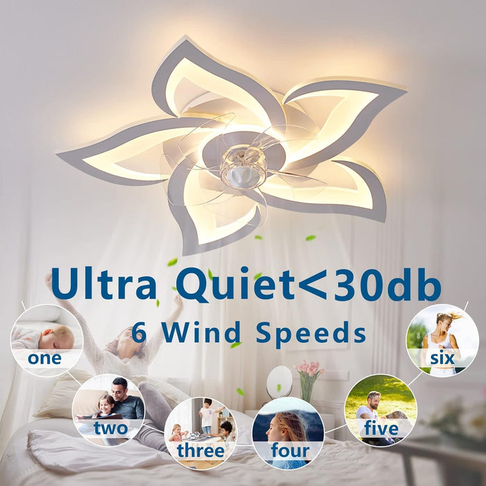 Flush Mount Ceiling Fan with Lights, 24" White ,Remote Control, 6 Speeds 3 Light Color Low Profile Ceiling Fan for Kitchen