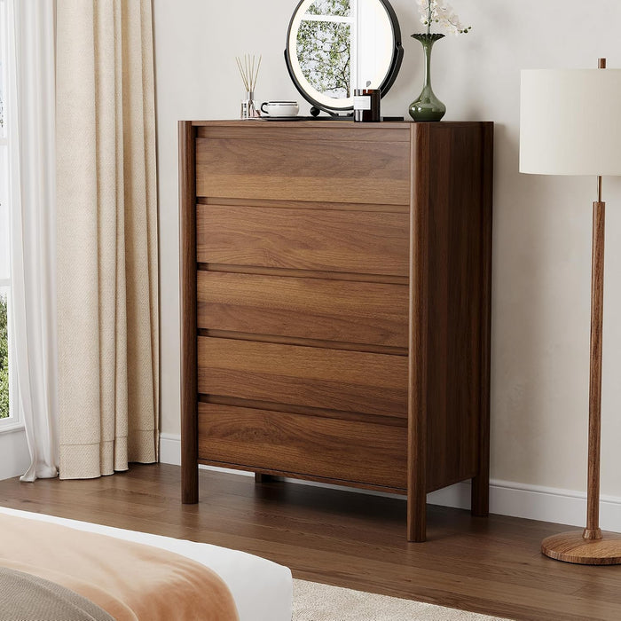 Walnut Dresser for Bedroom,45"Tall 5 Drawer Mid Century Modern Chest