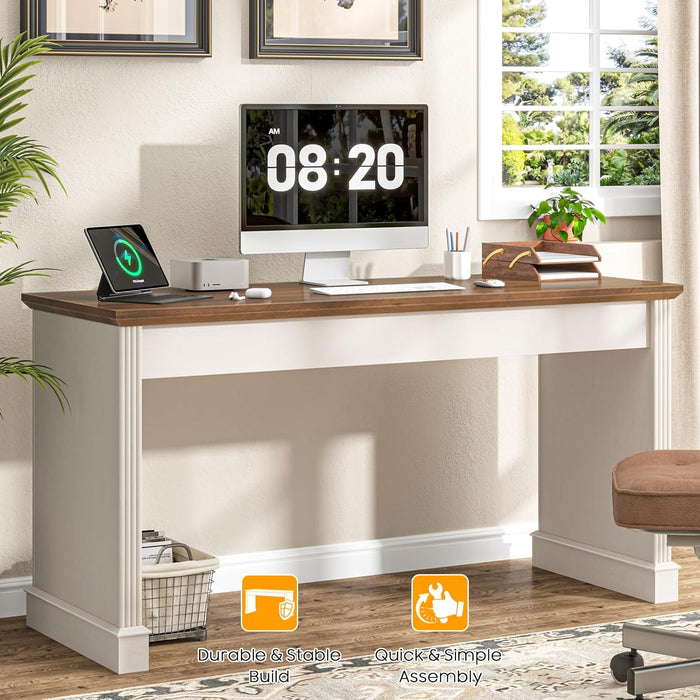Farmhouse 59" Executive Computer Desk, Simple and Spacious Workstation for Remote Work & Study, Home Office, Unique White