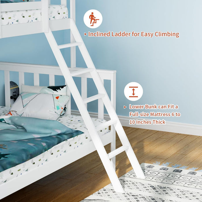 Convertible Twin over Full Bunk Bed for Kids Children Teens Adults, Solid Wood Bunk Bed Frame with Ladder and Guard Rail Space Saving Beds Frames for Bedroom (Mattress Not Included)