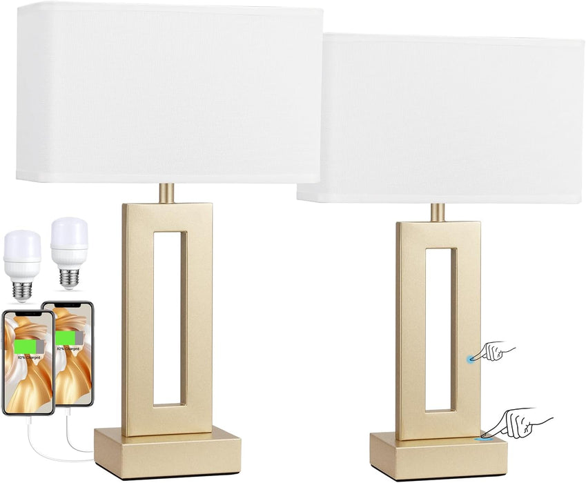 Bedroom Table Lamps Set of 2 - Touch Bedside Lamps with USB C+A, 3 Way Dimmable Gold Lamp for Nightstand, Modern Night Stands Lamps for Living Room End Tables Desk Bed Side Study Room(16.4N)