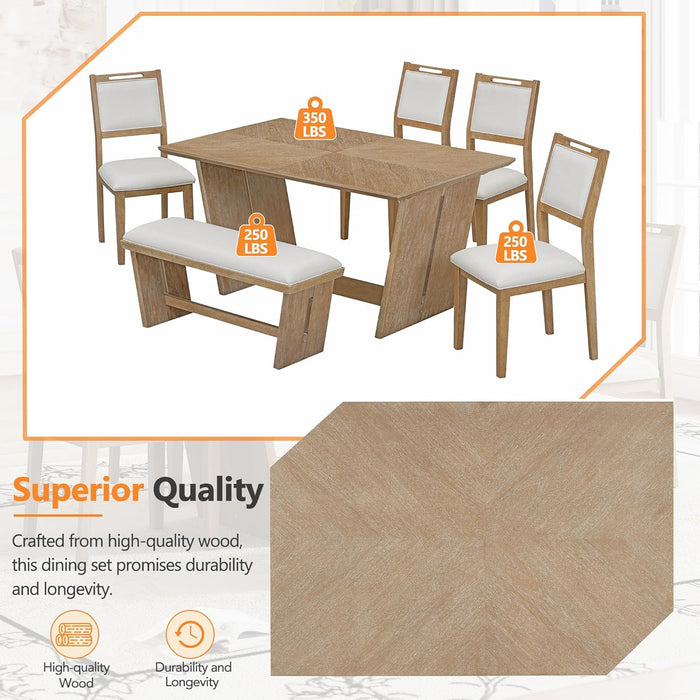 6-Piece Retro Dining Set, 1 Rectangular Table with Stable Trapezoidal Table Base and 4 Upholstered Chairs and 1 Bench for Dining Room and Kitchen, Natural Wood Wash