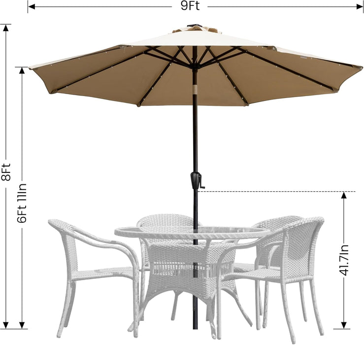 9' round Patio Umbrella with 32 Solar Powered LED Lights, Push-Button Tilt and Hand Crank Lift, Solar Umbrella in Taupe for Porch, Deck, and Patio by