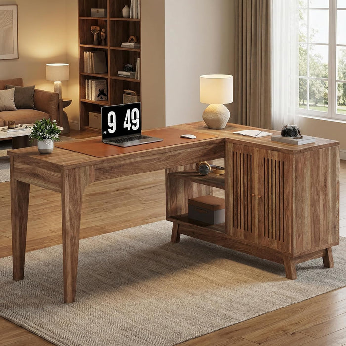 L Shaped Desk with Storage Cabinet & Shelves, 57" Large Corner Computer Desk for Home Office, Modern Wood Writing Desk with Smart One-Side Storage, Space-Saving Workstation for Study & Work