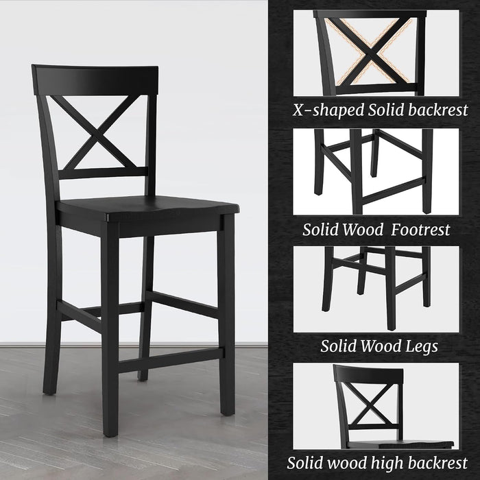 Bar Stools Set of 3, 24" Wooden Barstools with X Back, Black