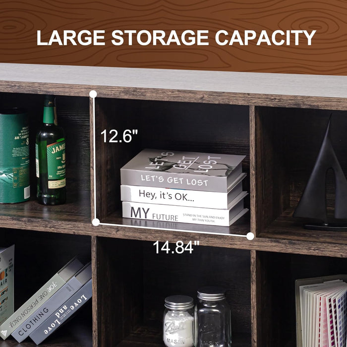 8 Cube Storage Organizer Bookshelf, Industrial Horizontal Bookcase, Accent Cubby Shelf, Media Console Table for Living Room, Home Office, 63 Inches, Dark Grey Oak