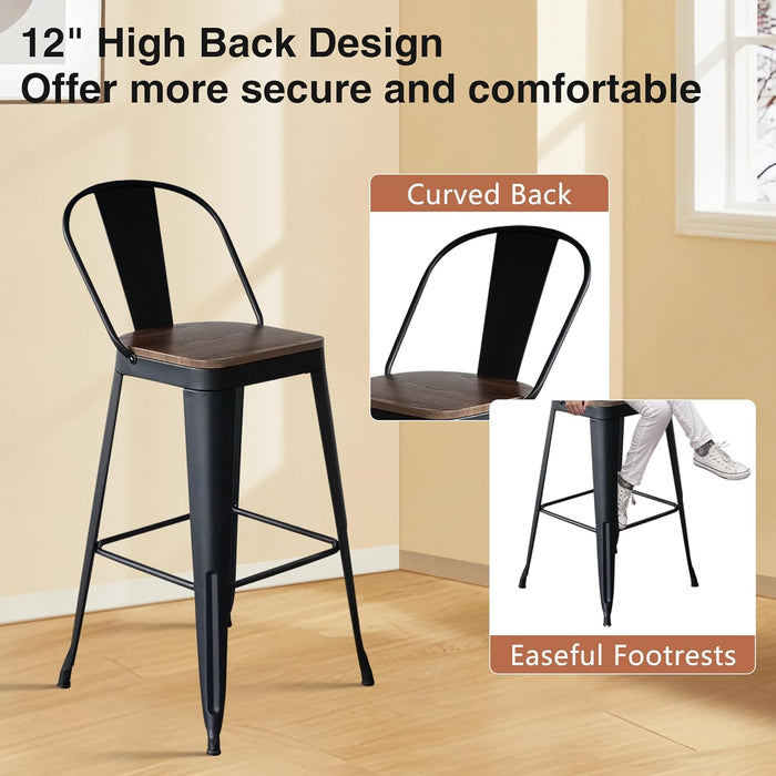 24 Inch Bar Stools Set of 4, Industrial Counter Height Barstools High Back Metal Bar Stools with Large Wood Seat Bar Chairs for Kitchen Island (24 Inch, Black)