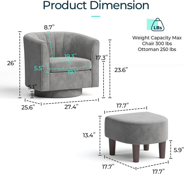 Swivel Accent Chair with Ottoman: Small Velvet Barrel Chair 360 Swivel Modern Armchair, Upholstered Reading Chair with Footrest for Living Room Bedroom Study Room (Grey)