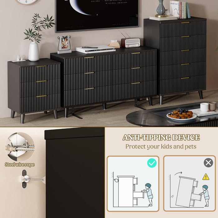 Wood 6 Drawers Dresser, 53.2" W Fluted Modern Dressers for Bedroom
