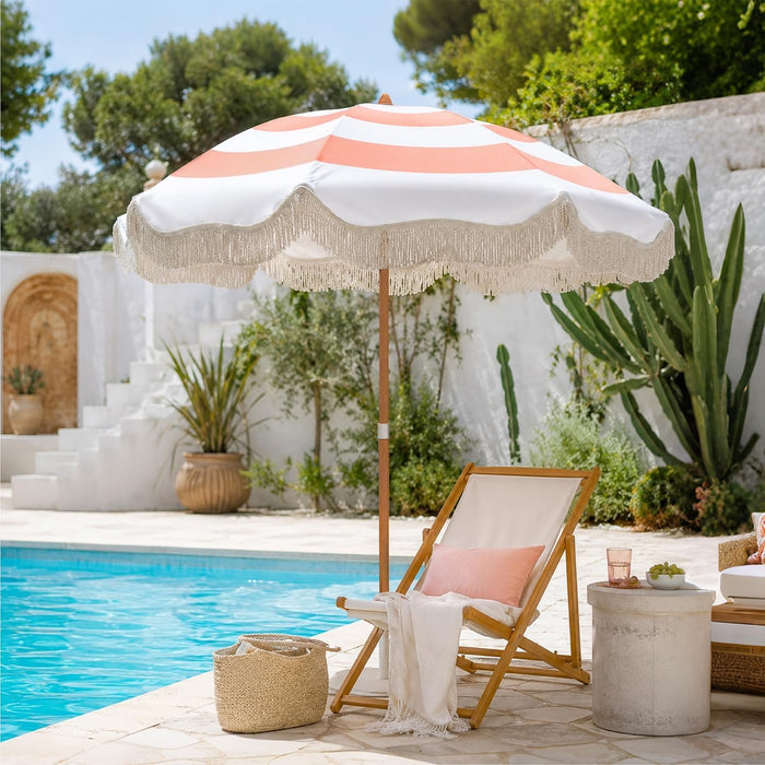 Upgraded Boho Fringe Umbrella, 6.5Ft Canvas Umbrella