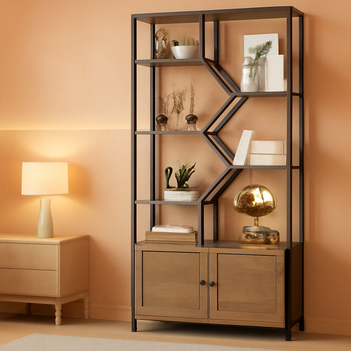 76" Tall Industrial Bookshelf with Storage Cabinet, 6-Tier Rustic Brown Bookcase with Doors, Heavy Duty Geometric Display Shelf for Home Office, Living Room, Study Room, Vintage Wood & Black