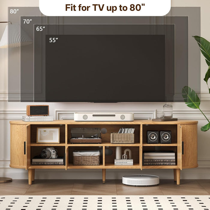 70" Fluted TV Stand, Mid Century Modern TV Stand for Tvs up to 80", Entertainment Center with Storage, Adjustable Shelves, Wood Media Console for Living Room, Bedroom, Natural