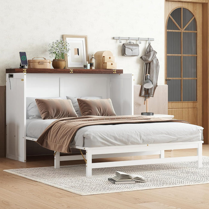 Full Size Murphy Bed W/Storage Drawer,Murphy Bed Cabinet W/ 2 USB Port & Power Outlets,Hidden Foldable Wall Bed Frame for Home Office,Apartment,Guest Room,White-Walnut