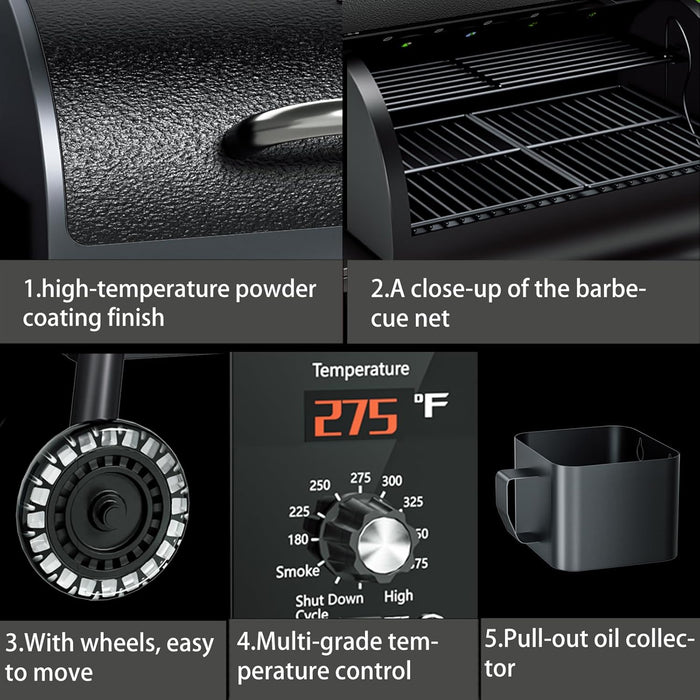 Electric Wood Pellet Grill & Smoker with Side Shelf, 456 SQ.IN Grill Capacity, with PID Temperature Control (180-425°F) for Backyard Camping Bake and Roast, Black