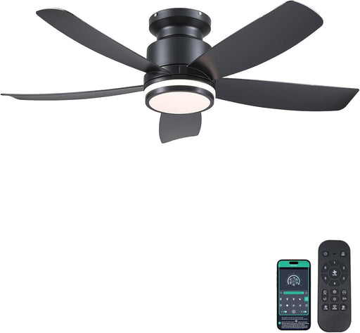 Modern Ceiling Fans with Lights and Remote/App Control, 41 Inch Flush Mount Ceiling Fan with Ring Lights, LED 3 CCT Dimmable 5 Reversible Curved Blades 6 Speeds for Bedroom Living Room, Black