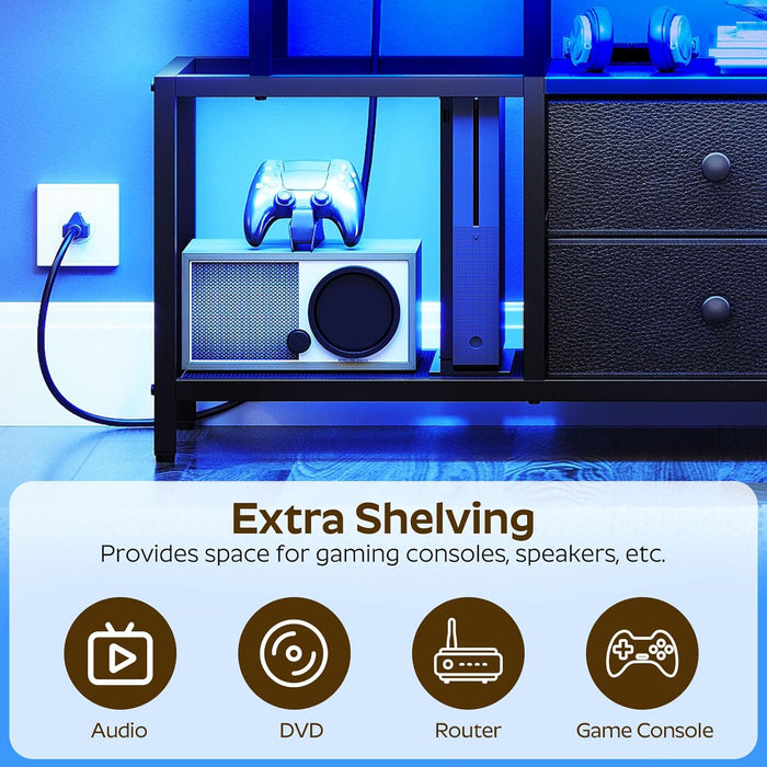 TV Stand with LED Light and Power Outlets, Entertainment Center with Fabric Drawers and Open Shelves, 41.7" TV Cabinet for Tvs up to 45 Inch, Media Console for Living Room, Bedroom, DS03UDBB