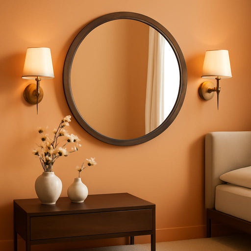 24 Inch round Mirror, Walnut Wood-Grain Foil Finish Circle Mirror for Bathroom, Entryway, Living Room, Bedroom and Vanity Decor